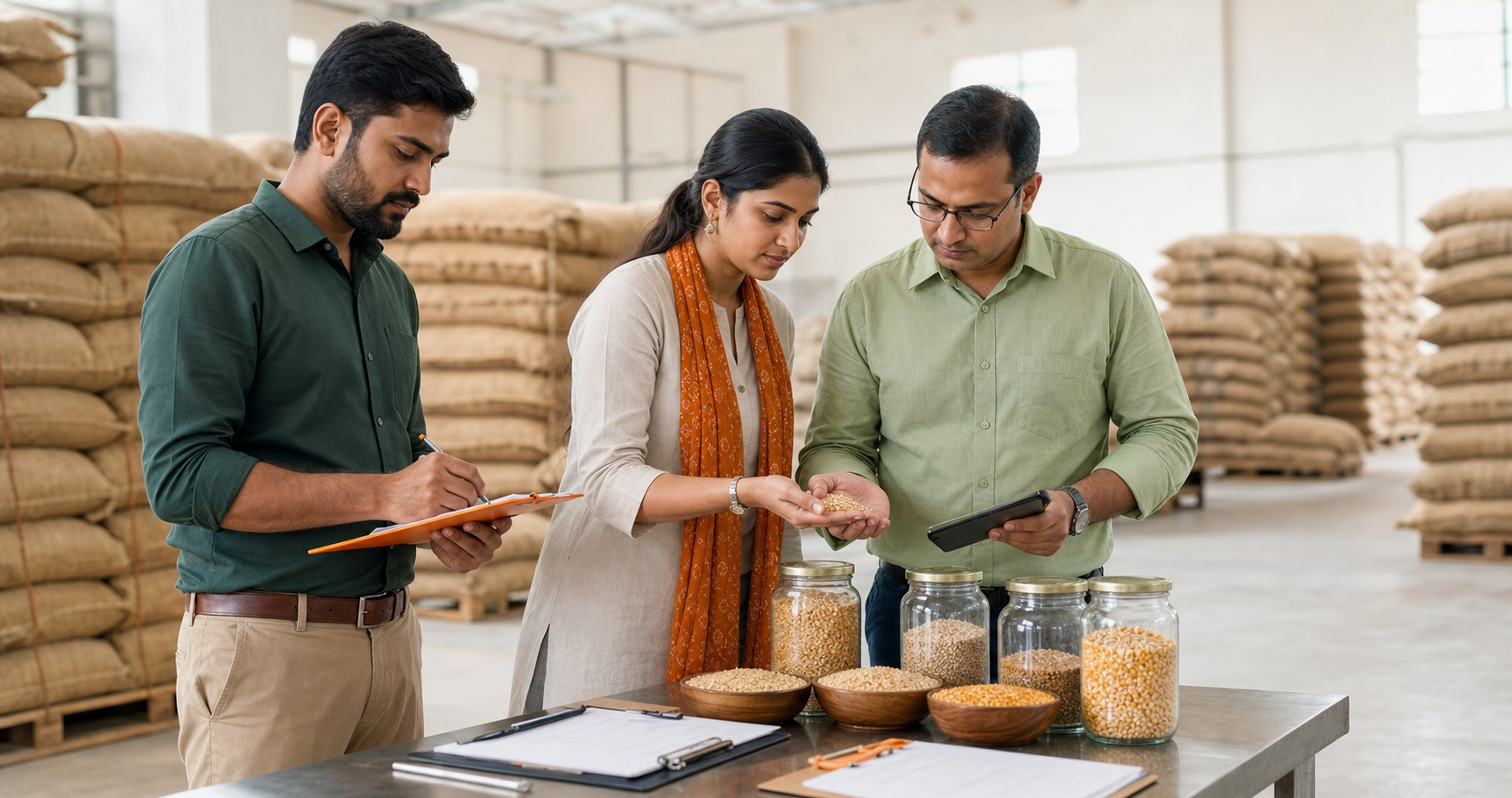 Agribusiness team reviewing commodity quality in an orderly warehouse