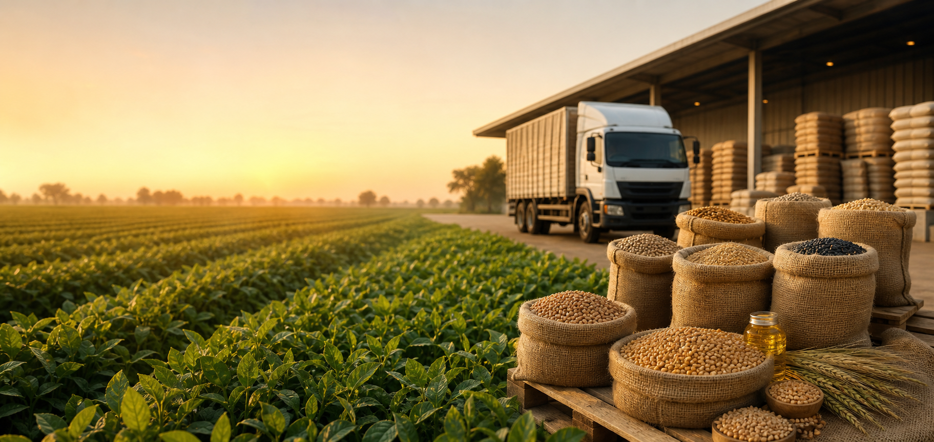 Agricultural commodities moving from field to a modern supply warehouse